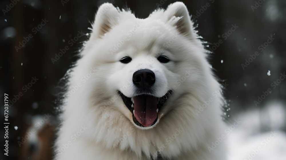 AI generated illustration of A white Samoyed smiling with a blurry background AI generated illustration of A white Samoyed smiling with a blurry background