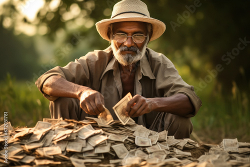 Indian farmer counting money at field
