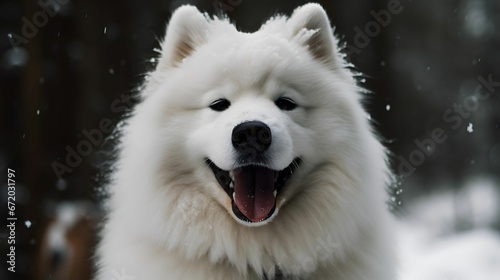 AI generated illustration of A white Samoyed smiling with a blurry background © Wirestock