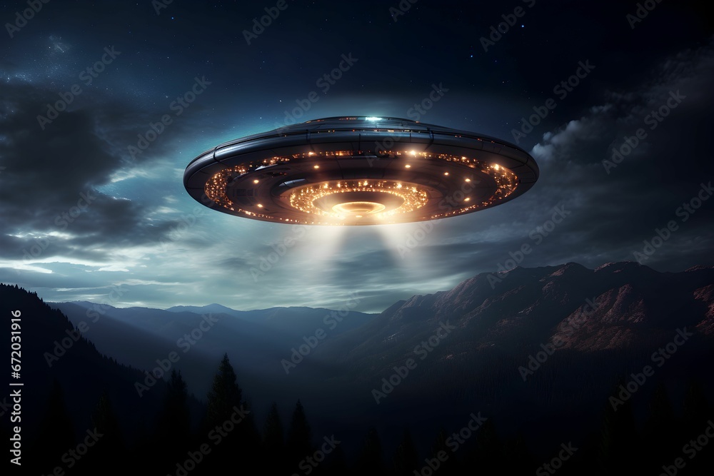 AI generated illustration of a sci-fi flying ufo in a surreal mountain valley beneath the night sky AI generated illustration of a sci-fi flying ufo in a surreal mountain valley beneath the night sky