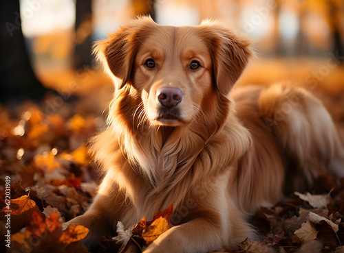 Golden Retriever lying on a pile of autumn leaves, AI-generated. © Wirestock