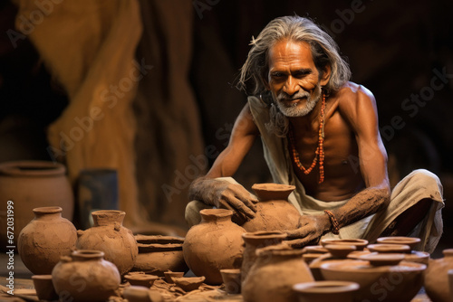 Indian potter making clay pot at home