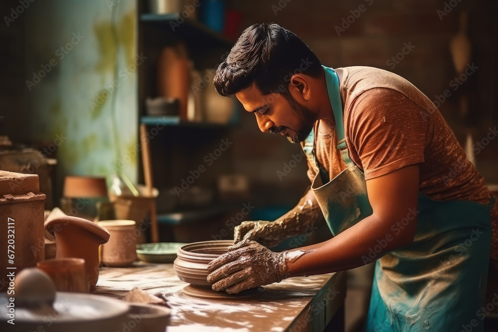 Indian potter making clay pot at home - obrazy, fototapety, plakaty 