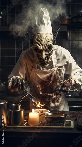 AI generated illustration of a surreal demon chef, amidst gory ingredients and eerie smoke