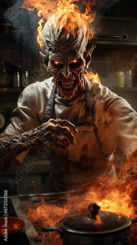 AI generated illustration of a surreal demon chef  amidst gory ingredients and eerie smoke
