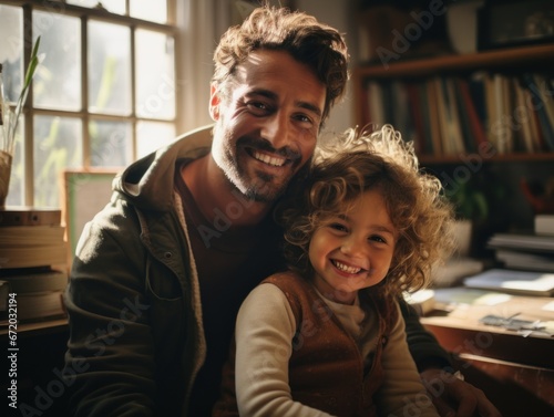 A warm-lit room sets the backdrop for a joyful moment between a bearded man and a young child. Both share genuine smiles, surrounded by a cozy environment filled with books and plants.