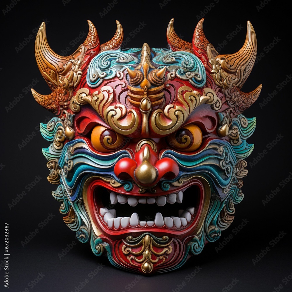 Fototapeta premium Eerie full-face Akuma Devil mask with gemstones, AI-generated.