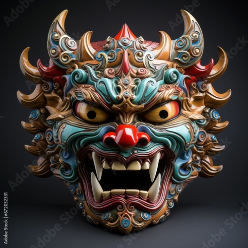 Eerie full-face Akuma Devil mask with gemstones, AI-generated. © Wirestock