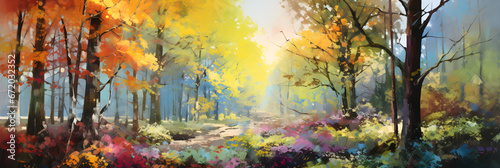 colourful impressionist painting of the woodland landscape, a picturesque forest environment in bright colours