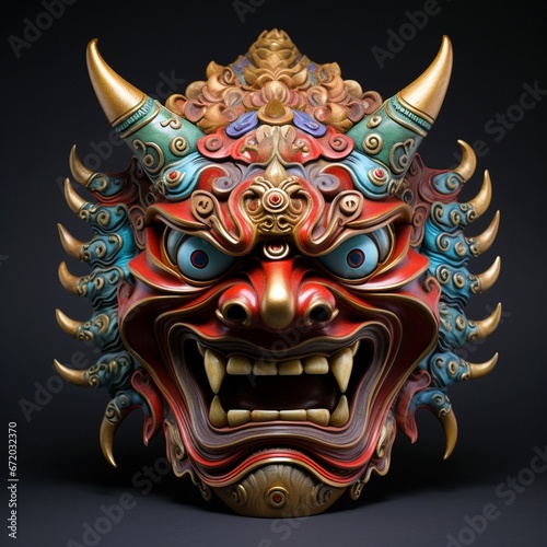 Eerie full-face Akuma Devil mask with gemstones, AI-generated. photo