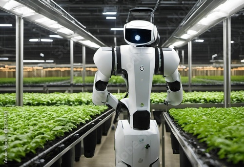 AI generated illustration of a robot amidst a field of lush vegetation in an industrial greenhouse photo