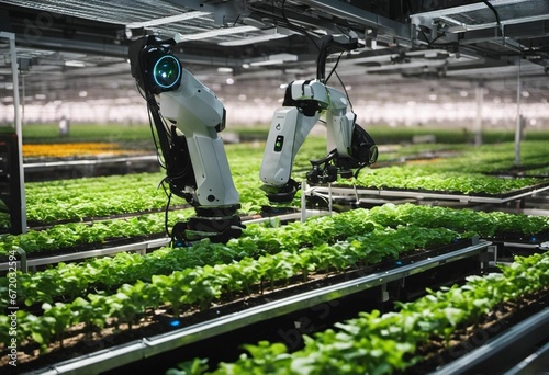 AI generated illustration of a robot amidst a field of lush vegetation in an industrial greenhouse