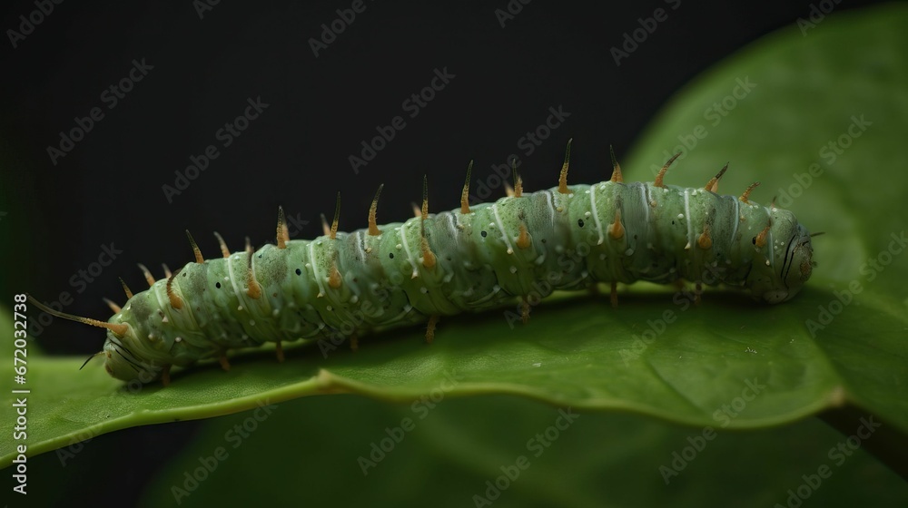 AI generated illustration of a vibrant green caterpillar perched atop a lush leaf AI generated illustration of a vibrant green caterpillar perched atop a lush leaf