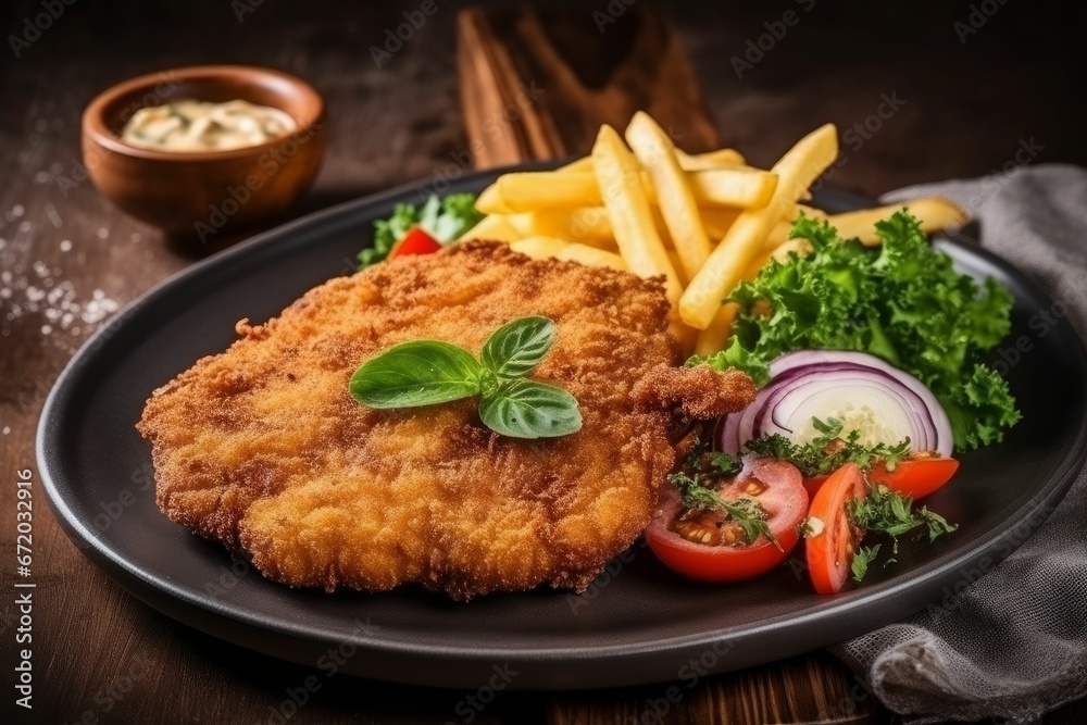 AI generated illustration of schnitzel with French fries and vegetables. AI generated illustration of schnitzel with French fries and vegetables.