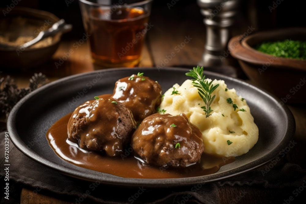 AI-generated illustration of a plate of meatballs and puree with a delicious sauce. AI-generated illustration of a plate of meatballs and puree with a delicious sauce.