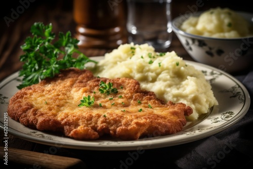 AI-generated illustration of schnitzel with puree.