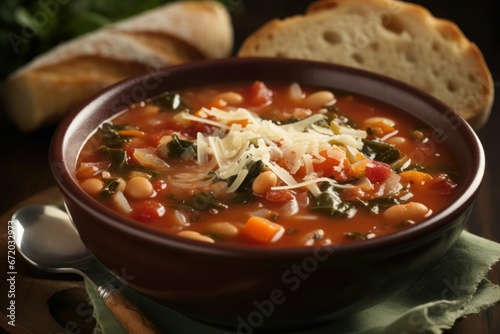 AI generated illustration of a freshly cooked bowl of Minestrone soup served with crusty bread