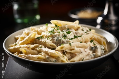 AI-generated illustration of delicious penne pasta with creamy sauce and cheese.