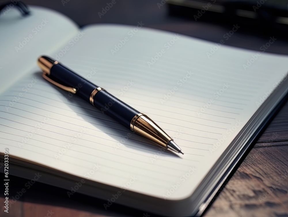 Notepad and pen on wooden desk AI Notepad and pen on wooden desk AI