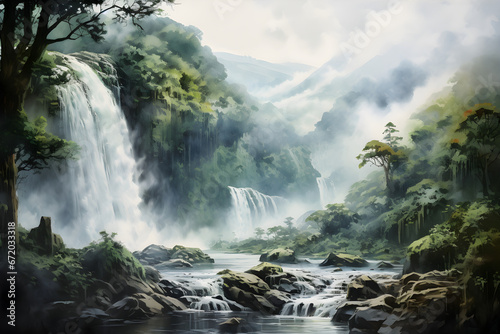watercolour painting of the mountain waterfall landscape  a picturesque natural environment in soft harmonious colours