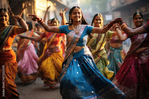 Young indian woman in traditional saree and get dancing photo