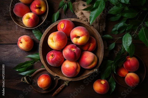 AI generated illustration of fresh ripe peaches on a wooden table