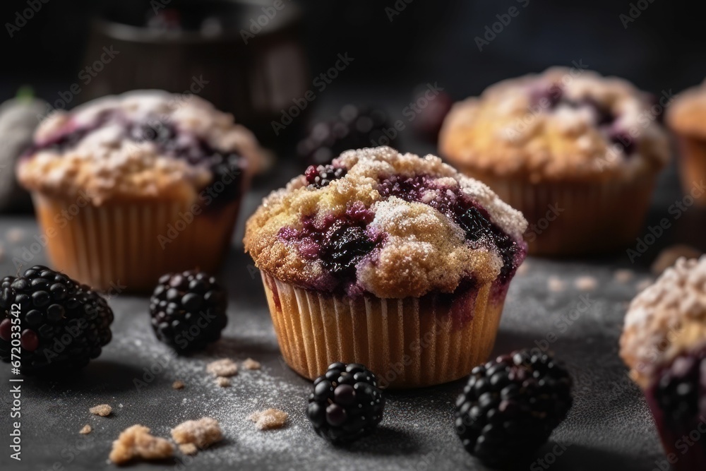 AI generated illustration of freshly-baked muffins with blackberries on the table AI generated illustration of freshly-baked muffins with blackberries on the table