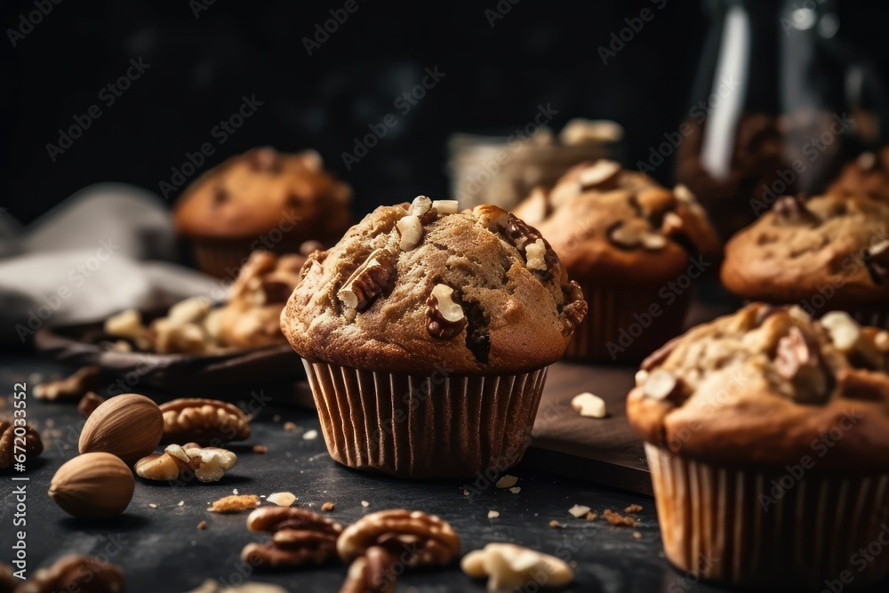 AI generated illustration of freshly-baked muffins with nuts AI generated illustration of freshly-baked muffins with nuts