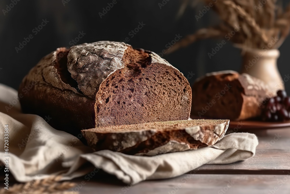 AI generated illustration of a wooden cutting board with a loaf of freshly-baked bread on top