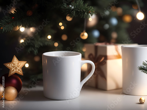 mockup of coffee mug with christmas lights, generative Ai