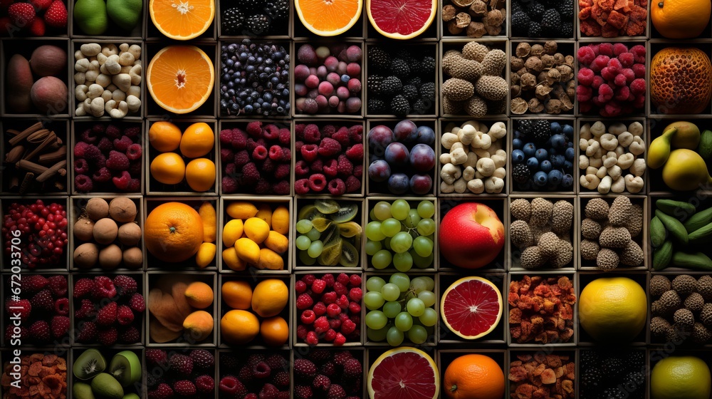 AI generated illustration of A vibrant assortment of fruits and vegetables in a cardboard box - obrazy, fototapety, plakaty 