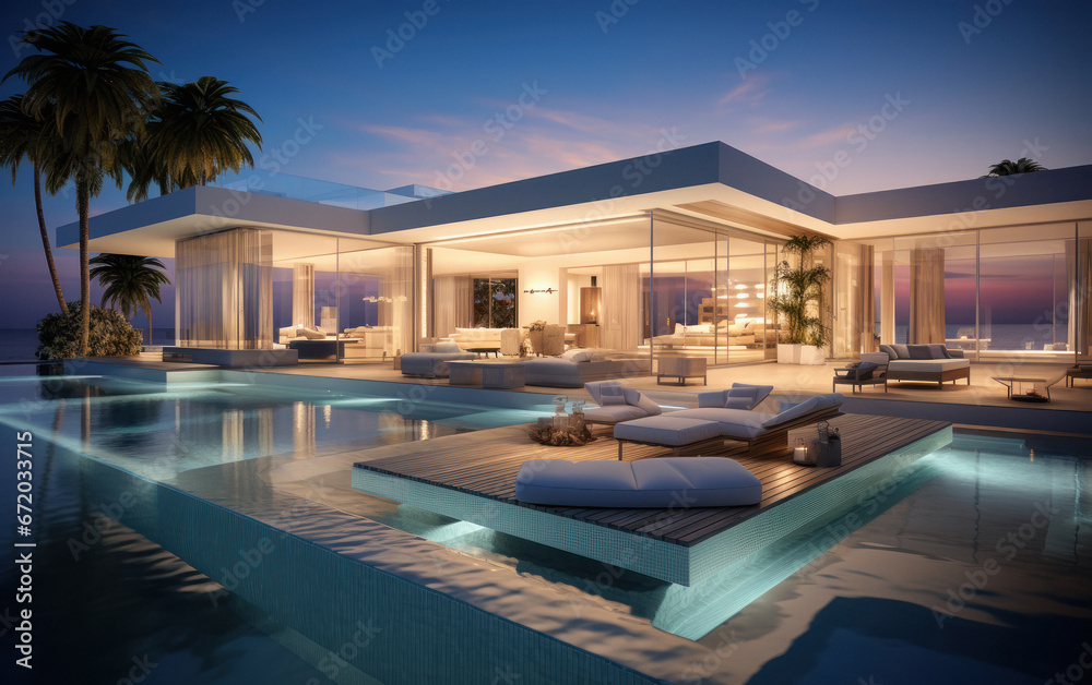 Fototapeta premium Super luxurious house with swimming pool and terrace in modern design.