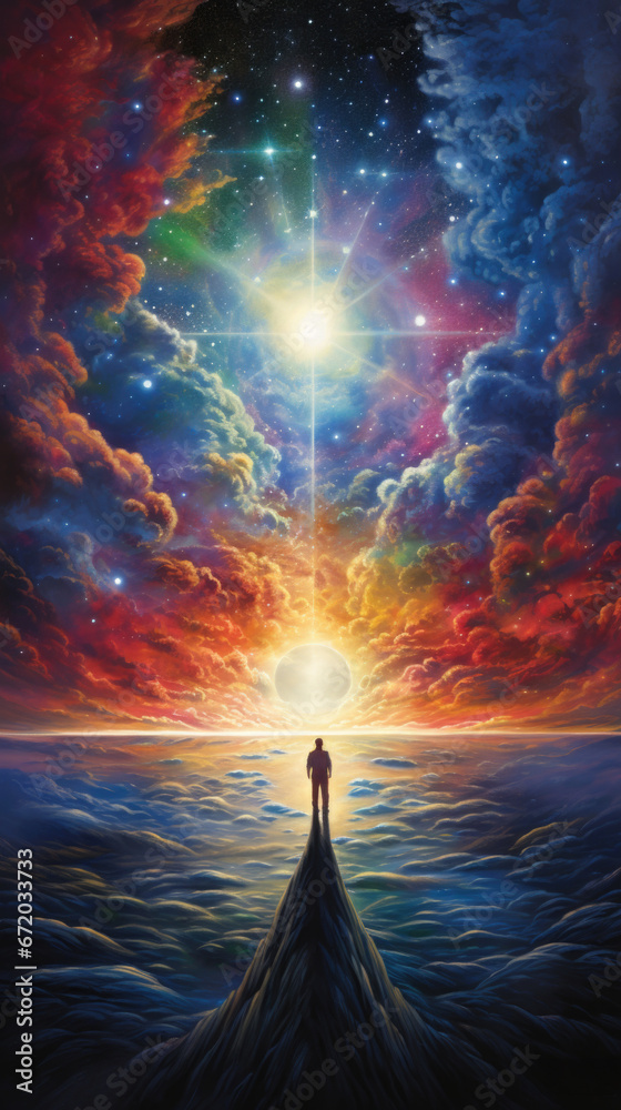 Fototapeta premium Vibrant cosmic cloudscape, man stands atop peak gazing at radiant stars. Exploration and wonder.