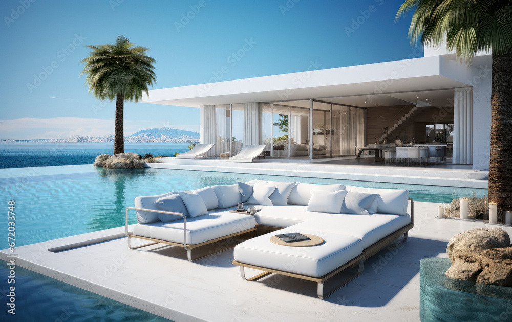Fototapeta premium Super luxurious house with swimming pool and terrace in modern design.