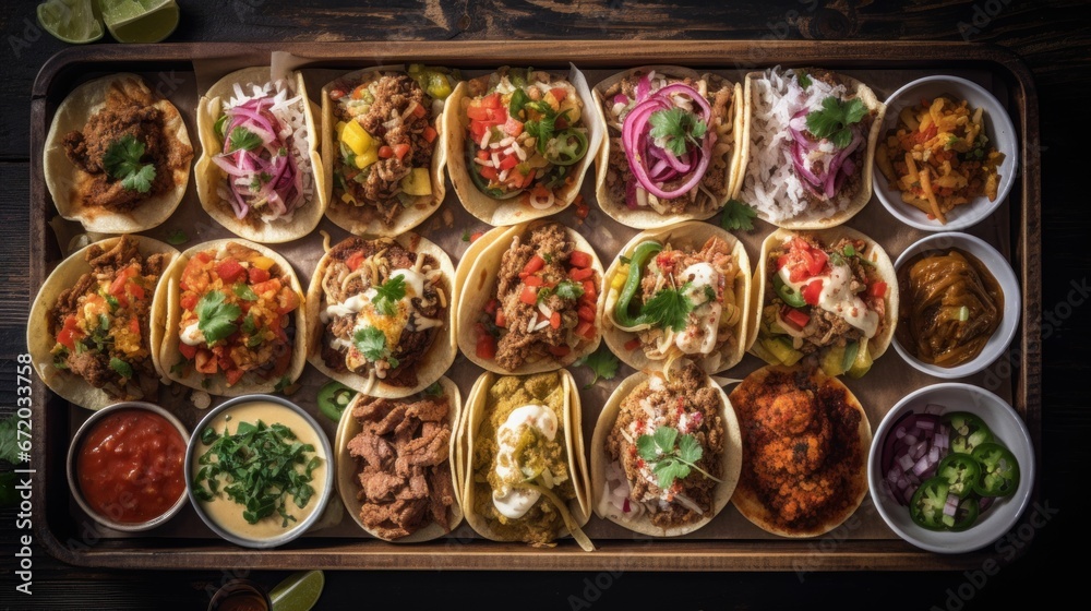 AI generated illustration of a variety of tacos on a tray with salsa and cilantro scattered on top