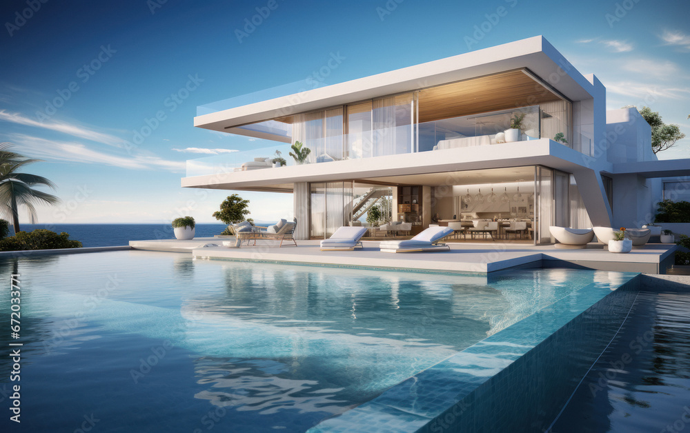 Fototapeta premium Super luxurious house with swimming pool and terrace in modern design.