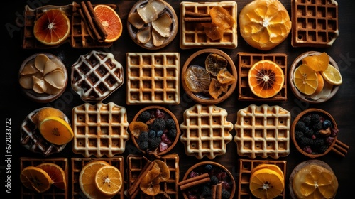 AI generated illustration of a freshly prepared breakfast of waffles and assorted fruit on a table © Wirestock