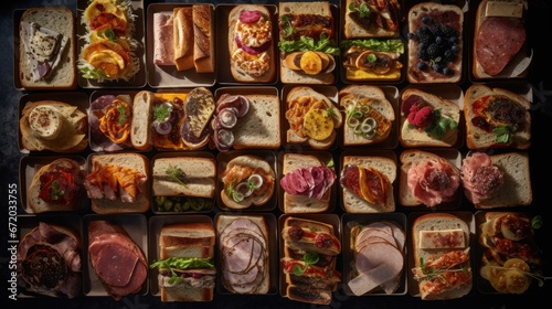 a bunch of sandwiches arranged on a black tablecloth, and with hams and