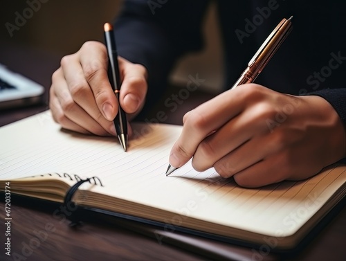 Faceless ambidextrous man with two pens in his hands sits in front of a notepad AI