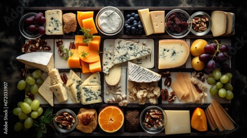 AI generated illustration of a serving tray with a variety of cheeses and fruits in small dishes