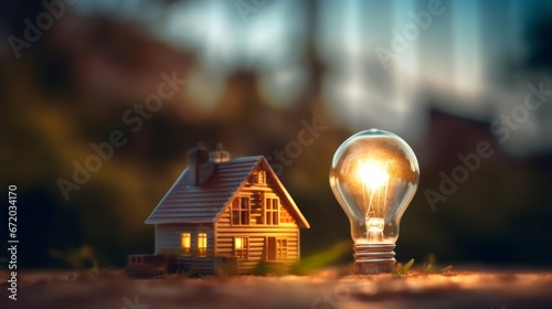 AI generated illustration of A miniature house near a lit lightbulb