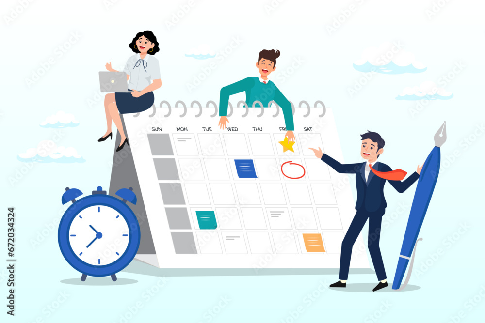 Businessman and businesswoman working on calendar planner to schedule and organize work, schedule calendar, team meeting or appointment, project planning or time reminder, manage timeline (Vector) Businessman and businesswoman working on calendar planner to schedule and organize work, schedule calendar, team meeting or appointment, project planning or time reminder, manage timeline (Vector)
