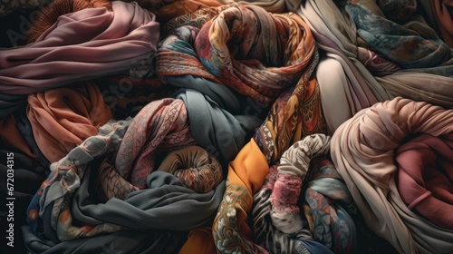 AI generated illustration of an array of brightly colored scarves at a market