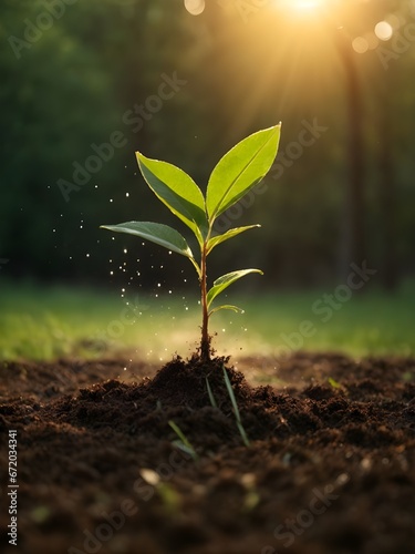 Green seedling growing in soil on sunset background, New life concept