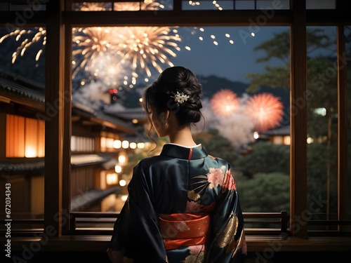 Young woman in kimono looking at fireworks on the night sky