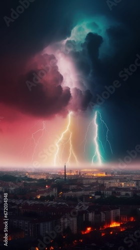 AI generated illustration of an aerial view of a city illuminated by colorful lightning and thunder