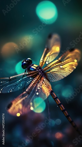 AI generated illustration of a vivid close-up of a vibrant dragonfly © Wirestock