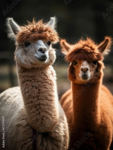AI generated illustration of two fluffy cute llamas on a farm