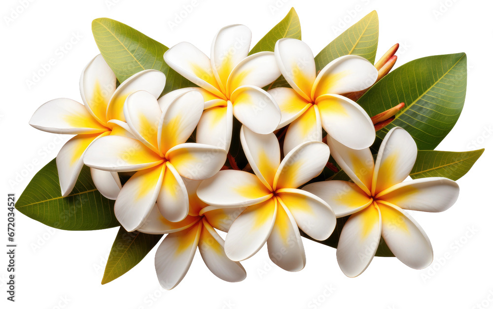 Fototapeta premium Tropical frangipani flower cluster illustration, white and yellow plumeria blooms with green leaves, botanical design PNG isolated on Transparent Background
