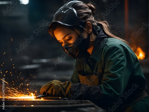 Portrait of a welder working in a factory. He is wearing protective clothing and welding mask.